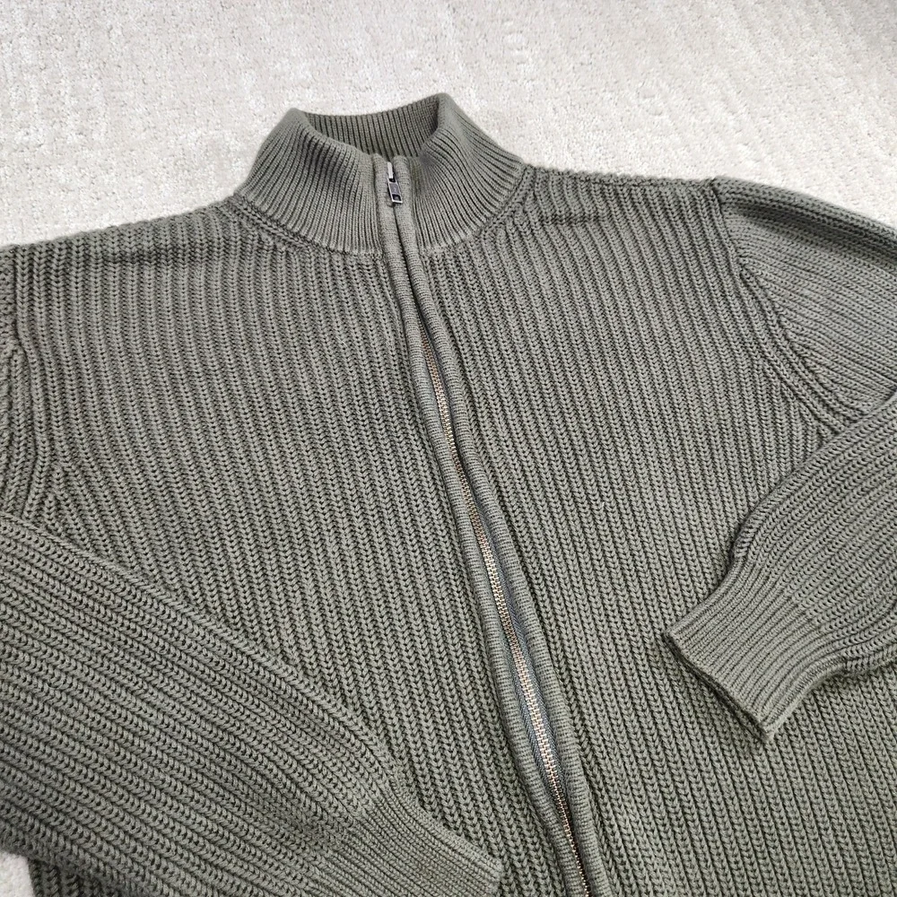 LL Bean Sweater Men Medium Heavy Organic Cotton Waffle Knit Full Zip Green